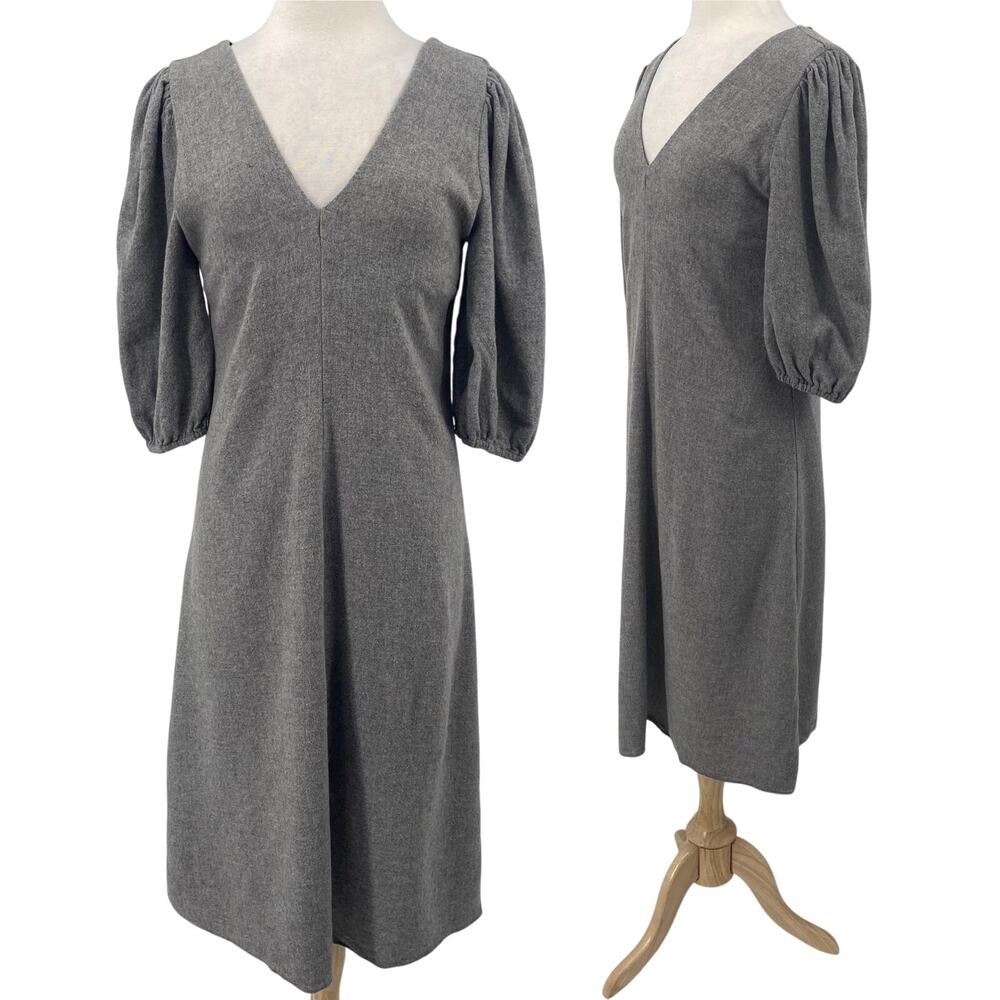 Zara Wool Blend Puff Sleeve Midi Dress V Neck Pleated Front Grey Womens Medium